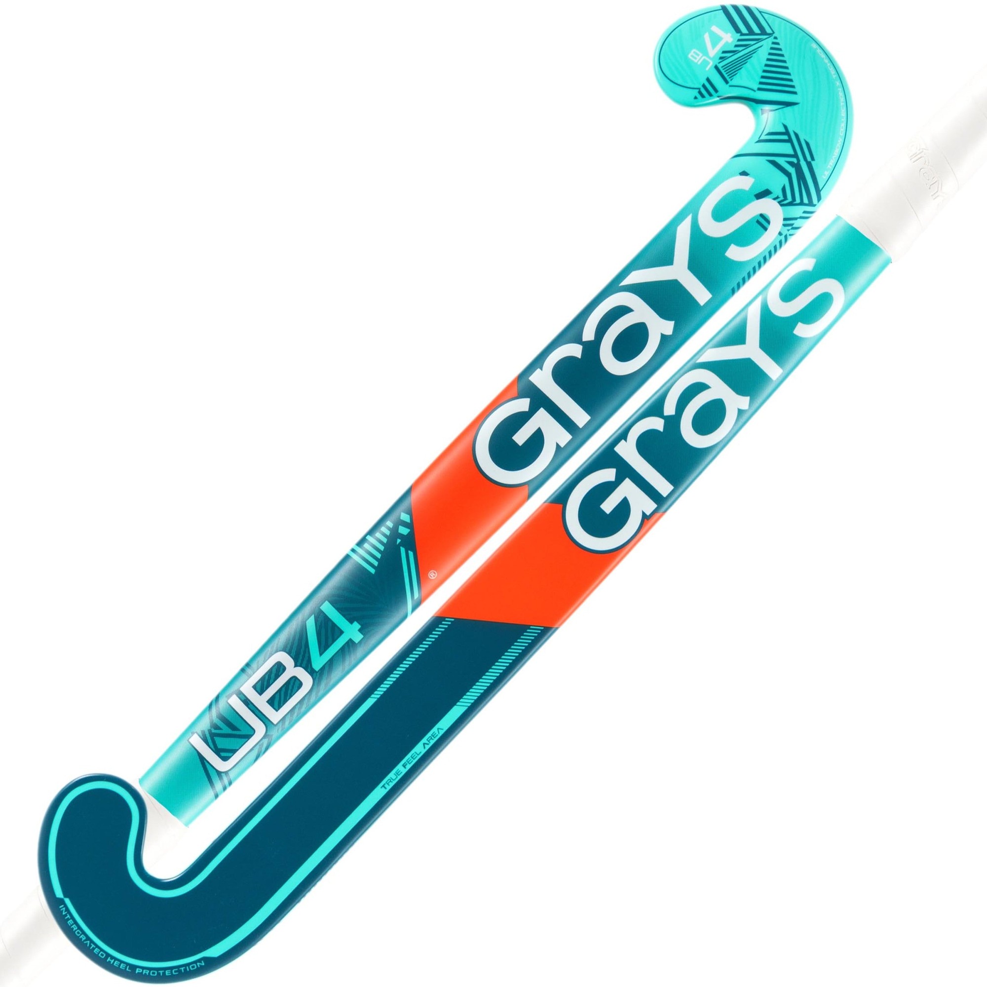 A teal and orange junior composite hockey stick featuring "Grays" branding, with a curved hook and a sleek design, ideal for young players.