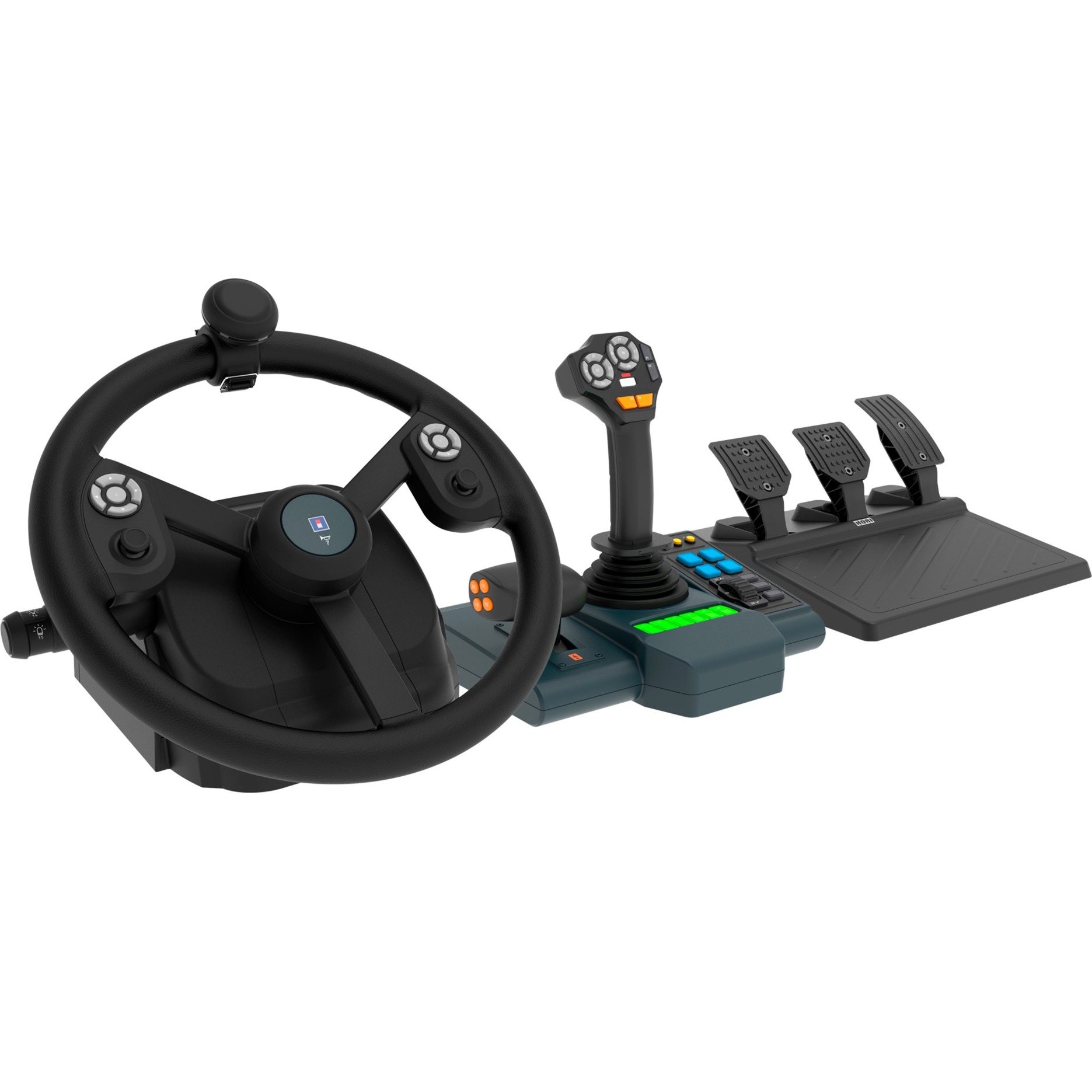 Black steering wheel with a joystick and three pedals, featuring colorful buttons and a textured base, designed for PC farming simulation games.