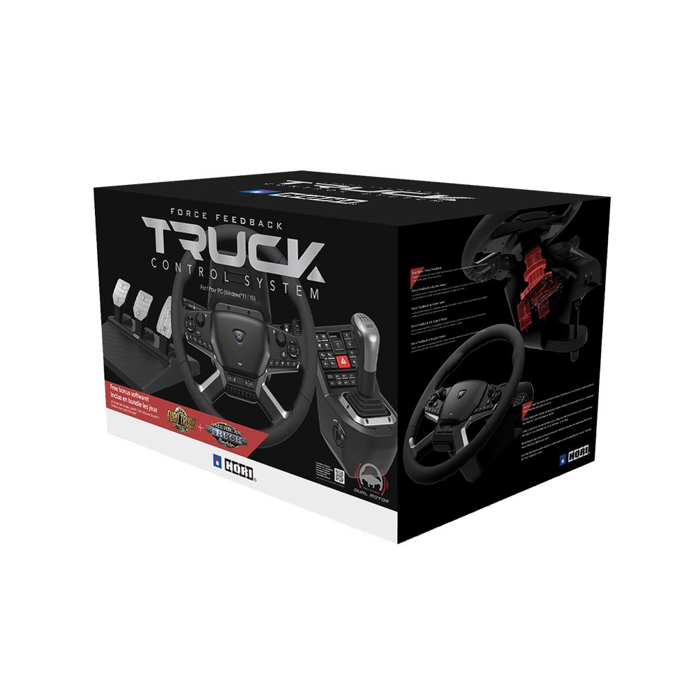 Black box featuring the Hori Force Feedback Truck Control System for Windows 11/10, showcasing a steering wheel, pedals, and detailed controls with vibrant graphics and logos.