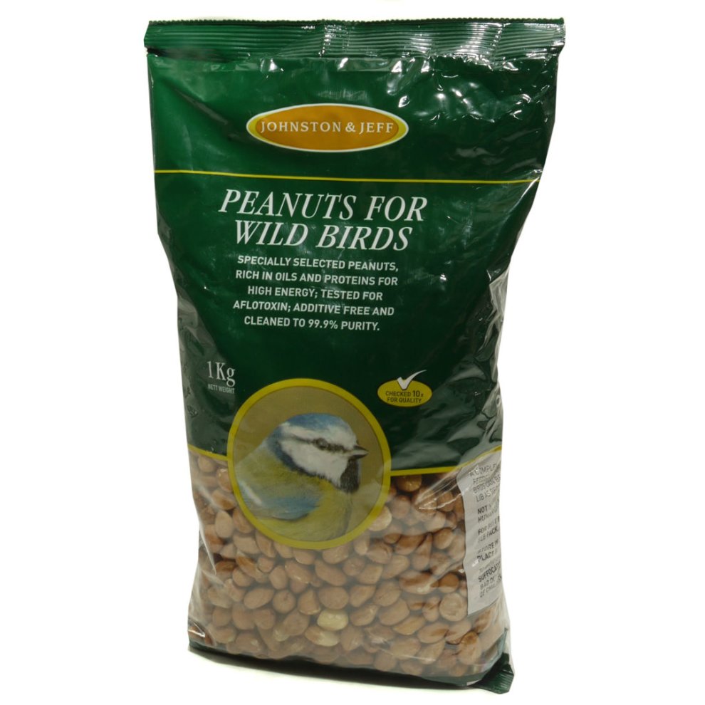 Green and gold bag of J&J Peanuts for wild birds, featuring a blue tit illustration, labeled 1kg, highlighting high energy and 99.9% purity.