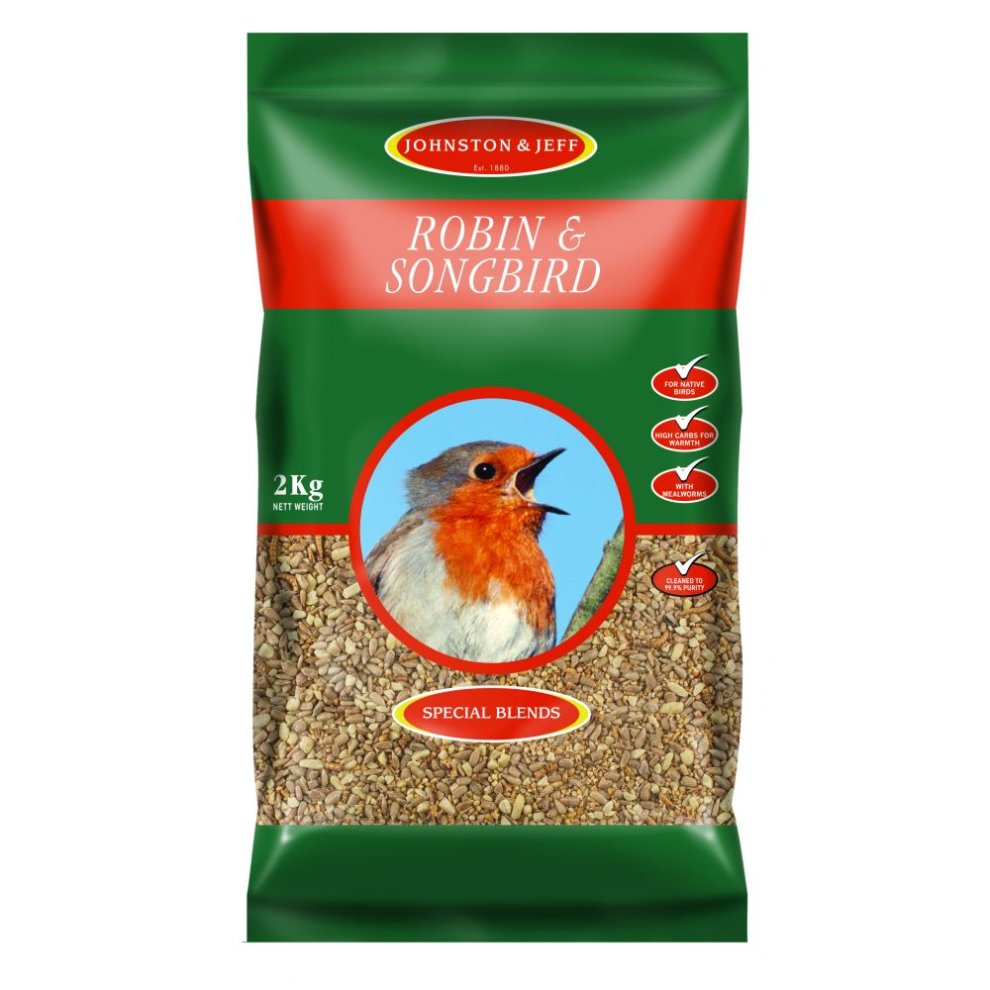 Green and red bag of Johnston & Jeff Songbird and Robin Feed Mix, featuring a vibrant image of a robin, with "2kg" and "Special Blends" prominently displayed.
