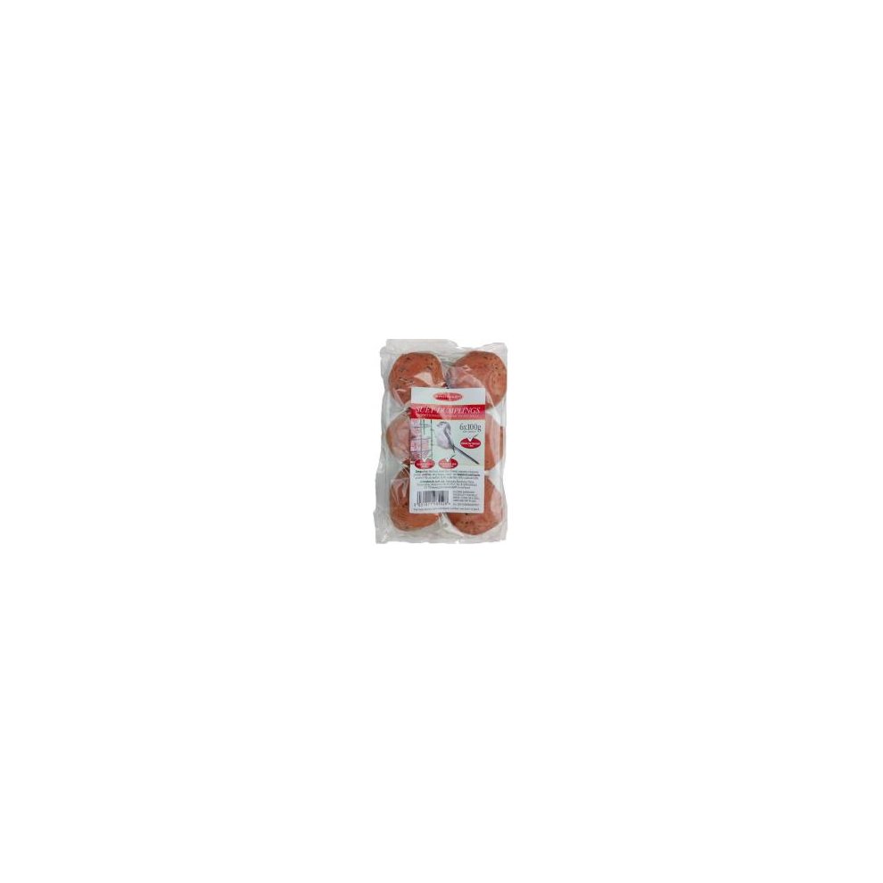 Six individually wrapped suet dumplings in a clear plastic pack, featuring a red and white label with the brand name "Johnston & Jeff" and product details.
