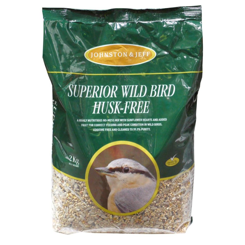 Green bag of Johnston & Jeff Superior Wild Bird Food, 2kg, featuring a close-up of a bird on the front, with a mix of seeds and fruit visible through the clear window.