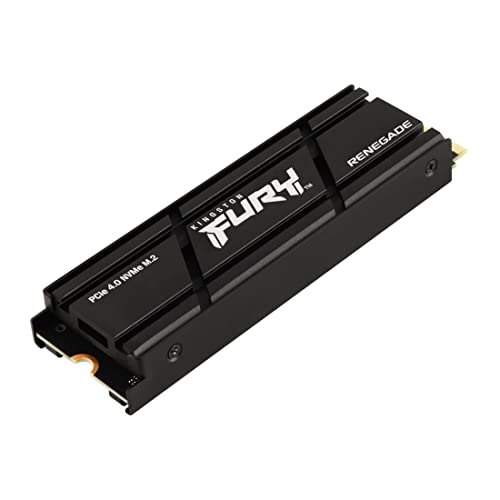 Black Kingston Technology RENEGADE PCIe 4.0 NVMe SSD with heatsink, featuring a sleek design and prominent "FURY" branding, ideal for high-performance computing.
