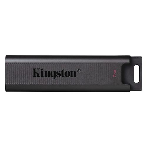 Black Kingston DataTraveler USB flash drive with a textured surface, featuring a capacity of 1TB and USB 3.2 Gen 2 connectivity, marked with "1TB" and the Kingston logo.