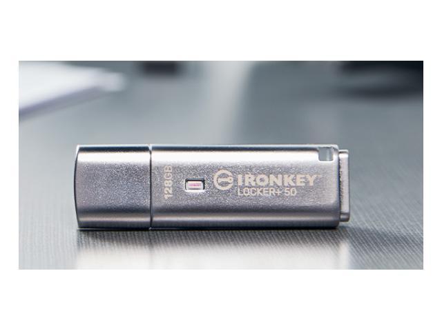 Silver Kingston IronKey Locker+ 50 USB flash drive with a sleek design, featuring a protective cap, USB 3.2 Gen 1 connectivity, and security features for data encryption.