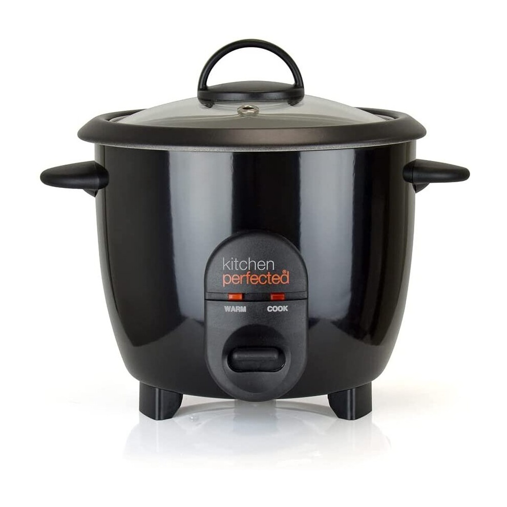 Black automatic rice cooker with a removable non-stick bowl, toughened glass lid, and clear warm and cook indicators on the front.