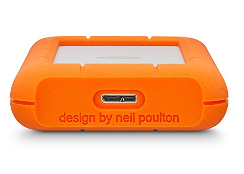 LaCie Rugged Mini External Hard Drive in bright orange rubber casing, featuring a silver metal top and a Micro-USB B port on one side, designed by Neil Poulton.