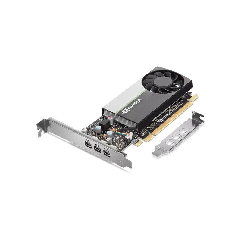 Lenovo Nvidia T400 graphics card features a sleek black and silver design, with a cooling fan, multiple ports, and a PCIe connector for enhanced graphics performance.