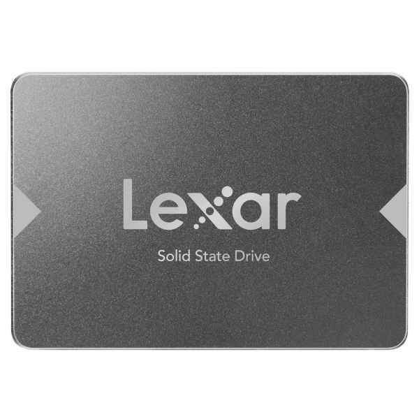 Silver 2.5" solid state drive with a textured finish, featuring the Lexar logo and "Solid State Drive" text prominently displayed on the top surface.