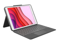 Graphite Logitech Combo Touch Keyboard Case for iPad features a detachable keyboard, a textured surface, and a built-in stand, showcasing a sleek design with a vibrant iPad display.