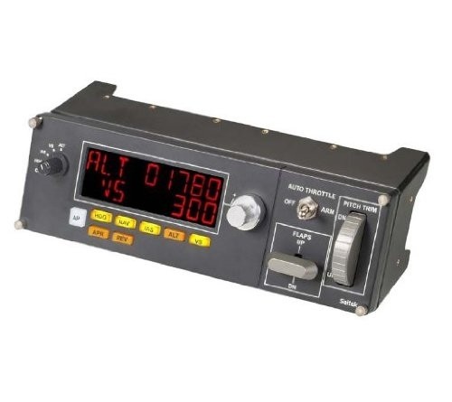 Black multi-panel flight control with a red LED display, various buttons, and a large rotary knob for altitude and flaps adjustment, designed for flight simulation.