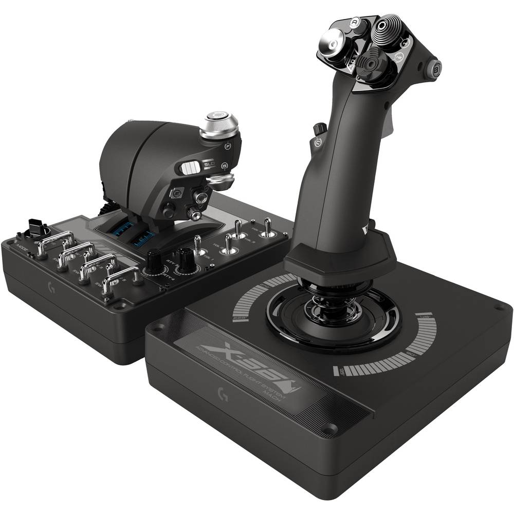 Black Logitech G X56 HOTAS joystick with a sleek design, featuring a flight stick and throttle control, multiple buttons, and a circular base with a graphic display.