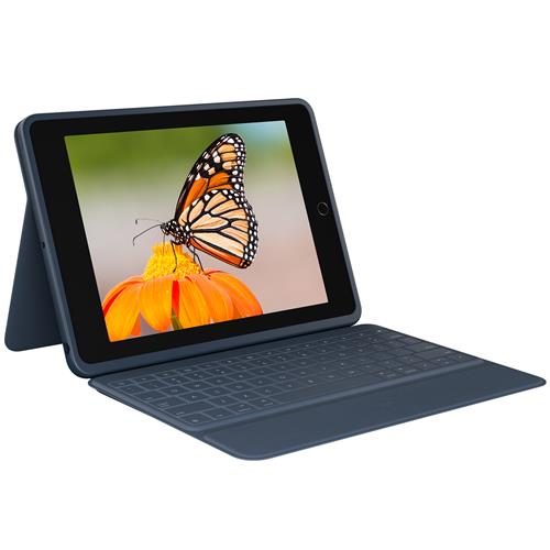 Logitech Rugged Combo 3 Keyboard Case in dark gray, featuring a detachable keyboard, protective design, and a built-in stand for iPad (7th, 8th, & 9th Gen) with a vibrant display.