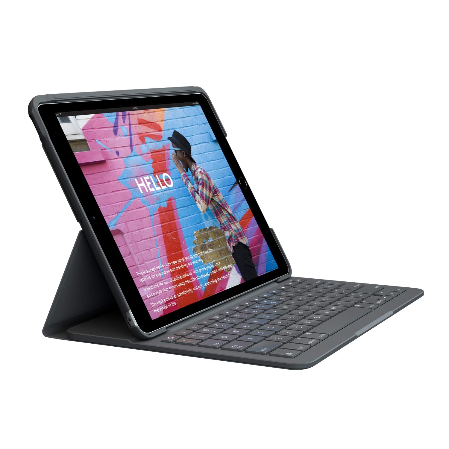 Logitech Slim Folio iPad Keyboard Case in graphite features a sleek design, protective cover, and integrated keyboard, ideal for iPad and iPad Air use.