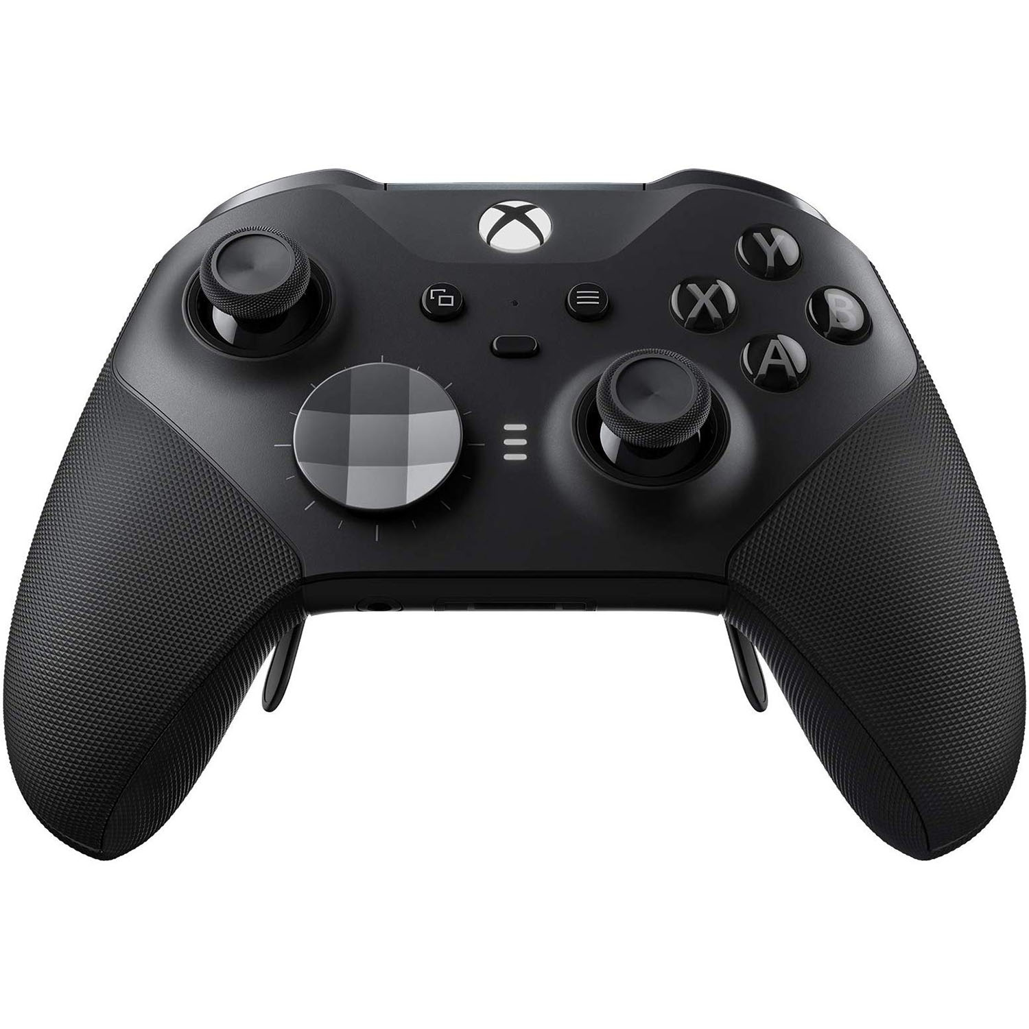 Black Xbox Elite Wireless Controller Series 2 featuring textured grips, customizable buttons, and adjustable thumbsticks for enhanced gaming performance.