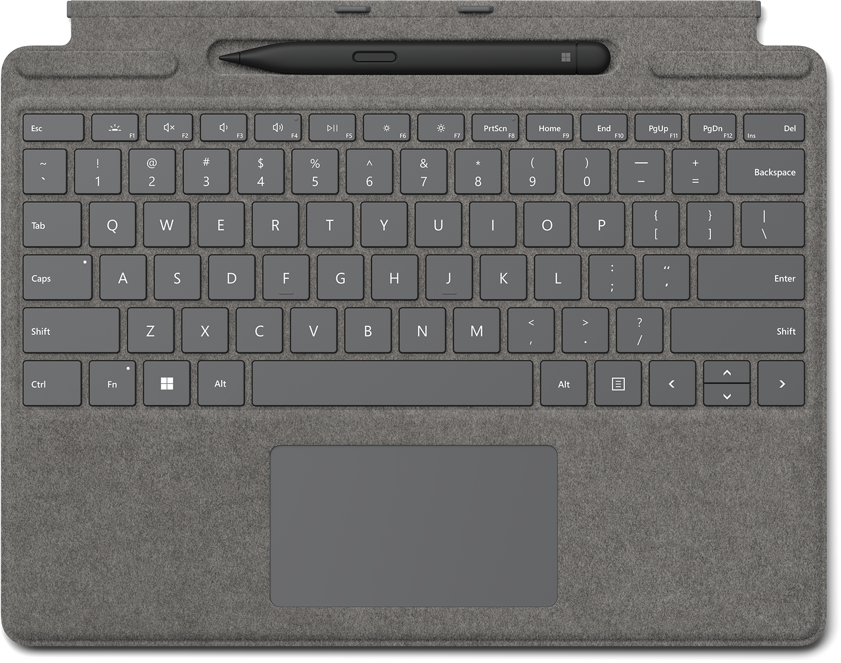Microsoft Signature QWERTY UK English cover in black fabric with a slim pen resting on top, featuring a touchpad and well-spaced keys for comfortable typing.