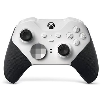 White Xbox Elite Wireless Controller Series 2 with textured black grips, customizable buttons, and thumbsticks, featuring an ergonomic design for enhanced gaming performance.