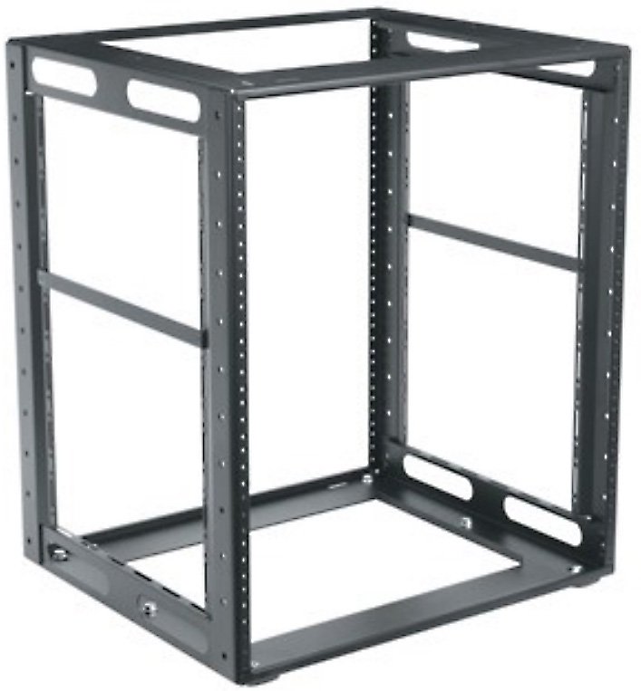Freestanding 16" 8U cabinet frame rack in grey, made of durable metal, featuring open sides and multiple mounting holes for equipment installation.