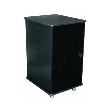 Freestanding 16U rack cabinet in black, featuring a solid construction, a locking front door, and wheels for mobility, designed for secure equipment storage.