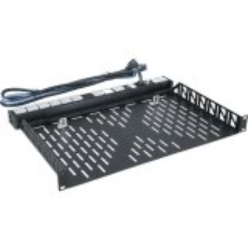 Black vented utility shelf with a perforated design, featuring a cable management bar and mounting brackets for secure installation.