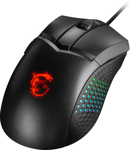 Black gaming mouse featuring a red dragon logo, textured grip, customizable RGB lighting on the side, and a high precision optical sensor with up to 26000 DPI.