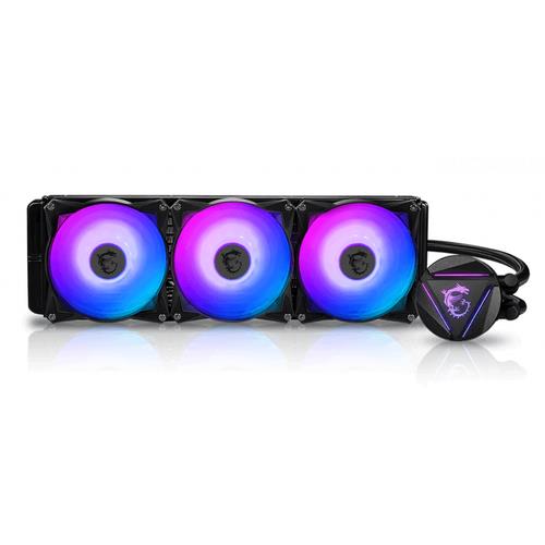 MSI MAG CORELIQUID 360R V2 features a 360mm radiator with three 120mm ARGB PWM fans, black and silver design, and a sleek pump head with RGB lighting.