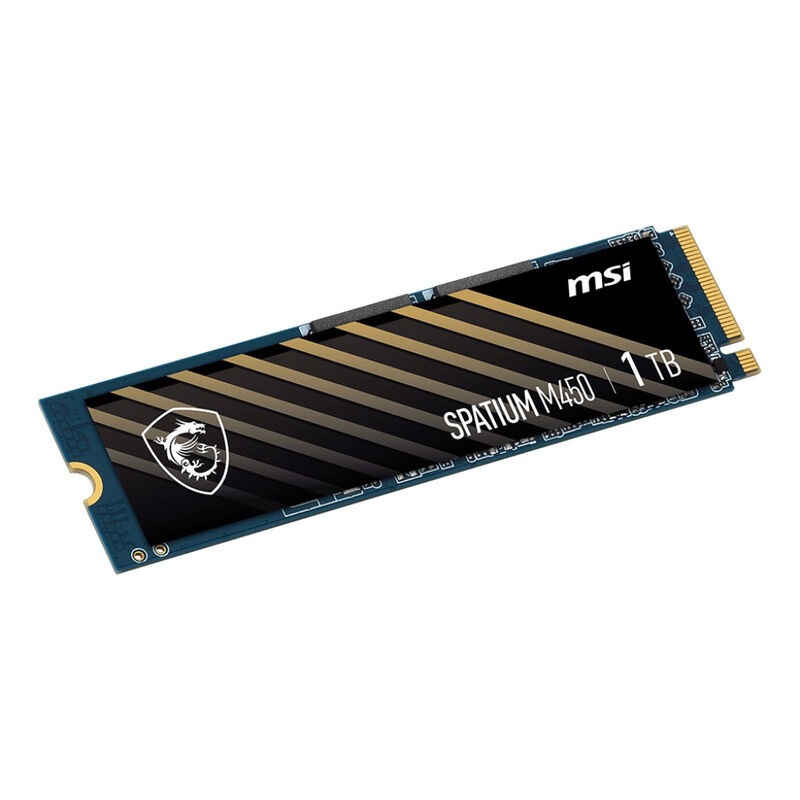 MSI SPATIUM M450 1TB M.2 NVME SSD featuring a sleek black and blue design with gold stripes, PCIe Gen4 interface, and specifications for high-speed read and write performance.