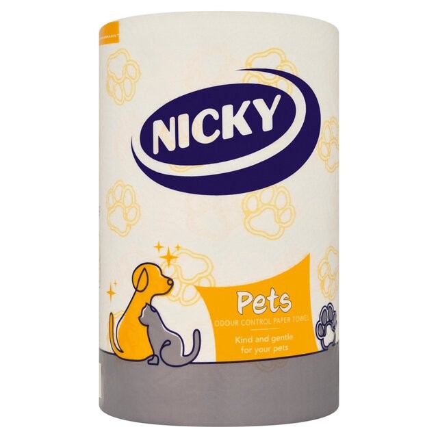 Nicky Pets Kitchen Towel features a white roll with yellow dog and cat illustrations, paw prints, and the brand logo, designed for odour control and pet-friendly use.
