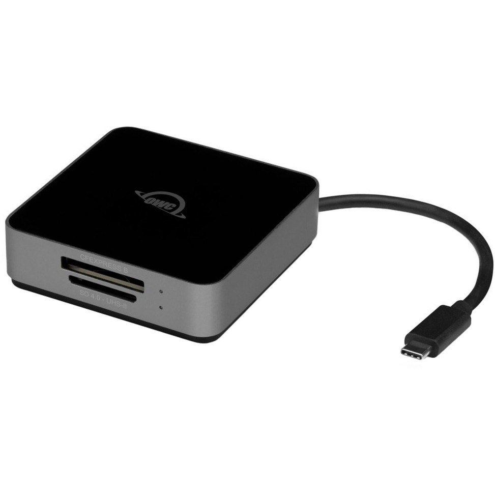 Black OWC Atlas Card Reader with USB 3.2 Gen 2 Type-C connection, featuring slots for SD and microSD cards, sleek design with a matte finish and a short cable.