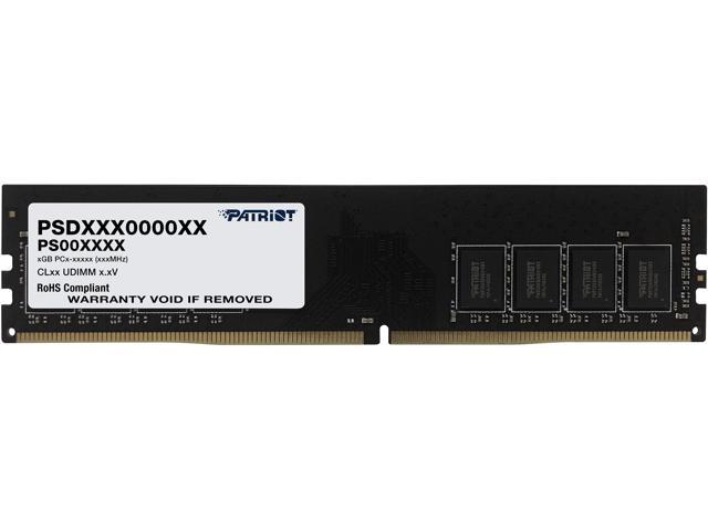 Black DDR4 memory module with a 288-pin DIMM design, featuring a white label with model number and compliance information, and a sleek, minimalist appearance.