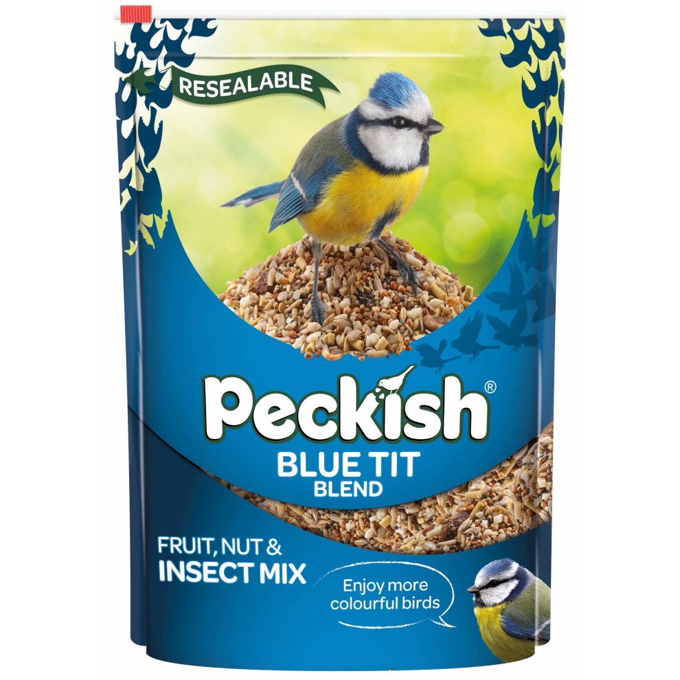 Resealable blue bag of Peckish Blue Tit Bird Seed Mix, featuring a colorful blue tit on a mound of seeds, with text highlighting fruit, nut, and insect ingredients.