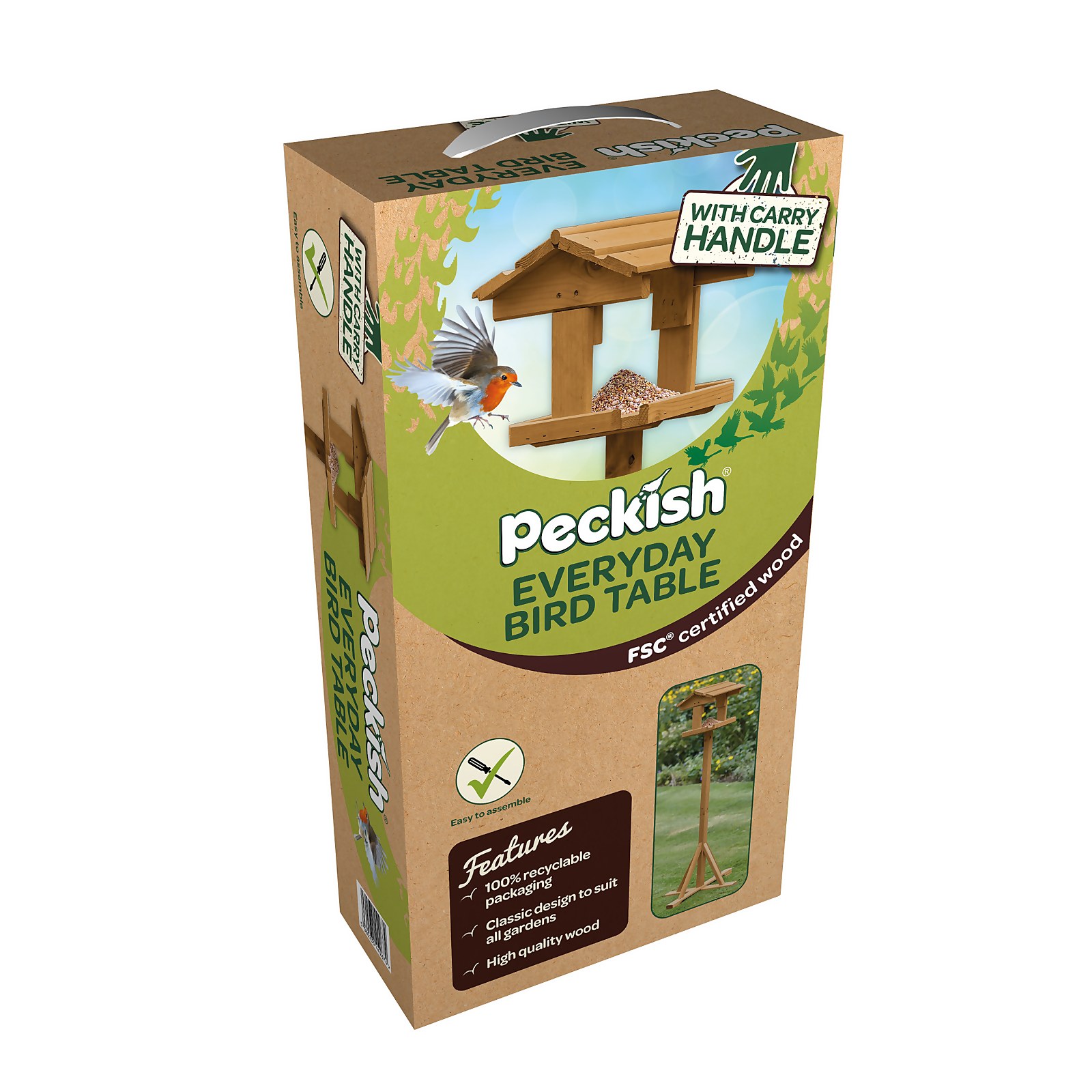 Brown wooden bird table with a slanted roof, featuring a carry handle and a clear view of feeding area; packaged in a cardboard box with green and brown design elements.