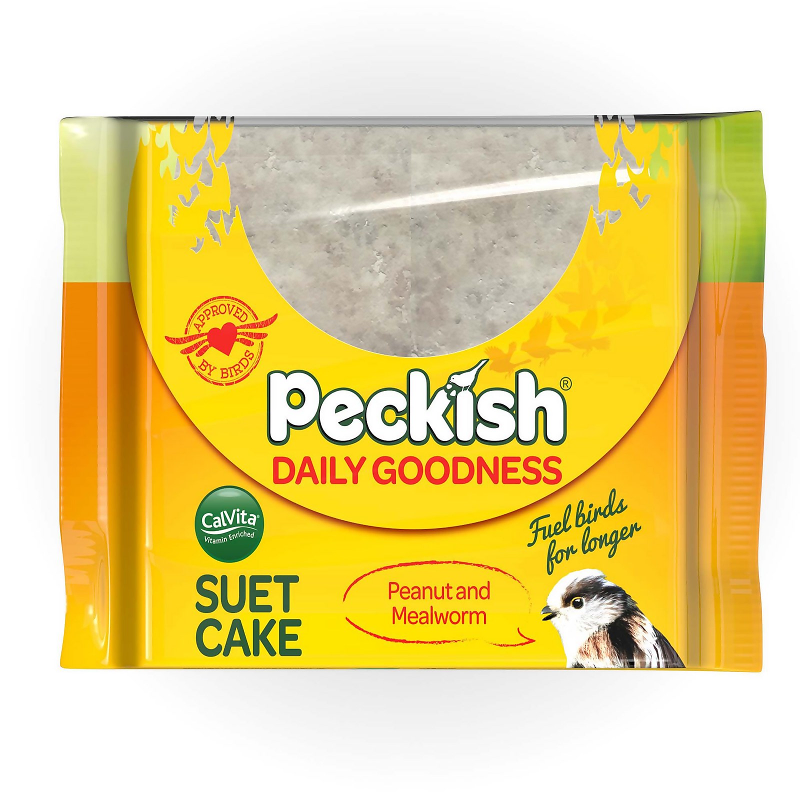 Peckish Extra Goodness Mealworm Suet Cake in a bright yellow and green packaging, featuring a bird graphic and labeled with "Peanut and Mealworm," weighing 300g.