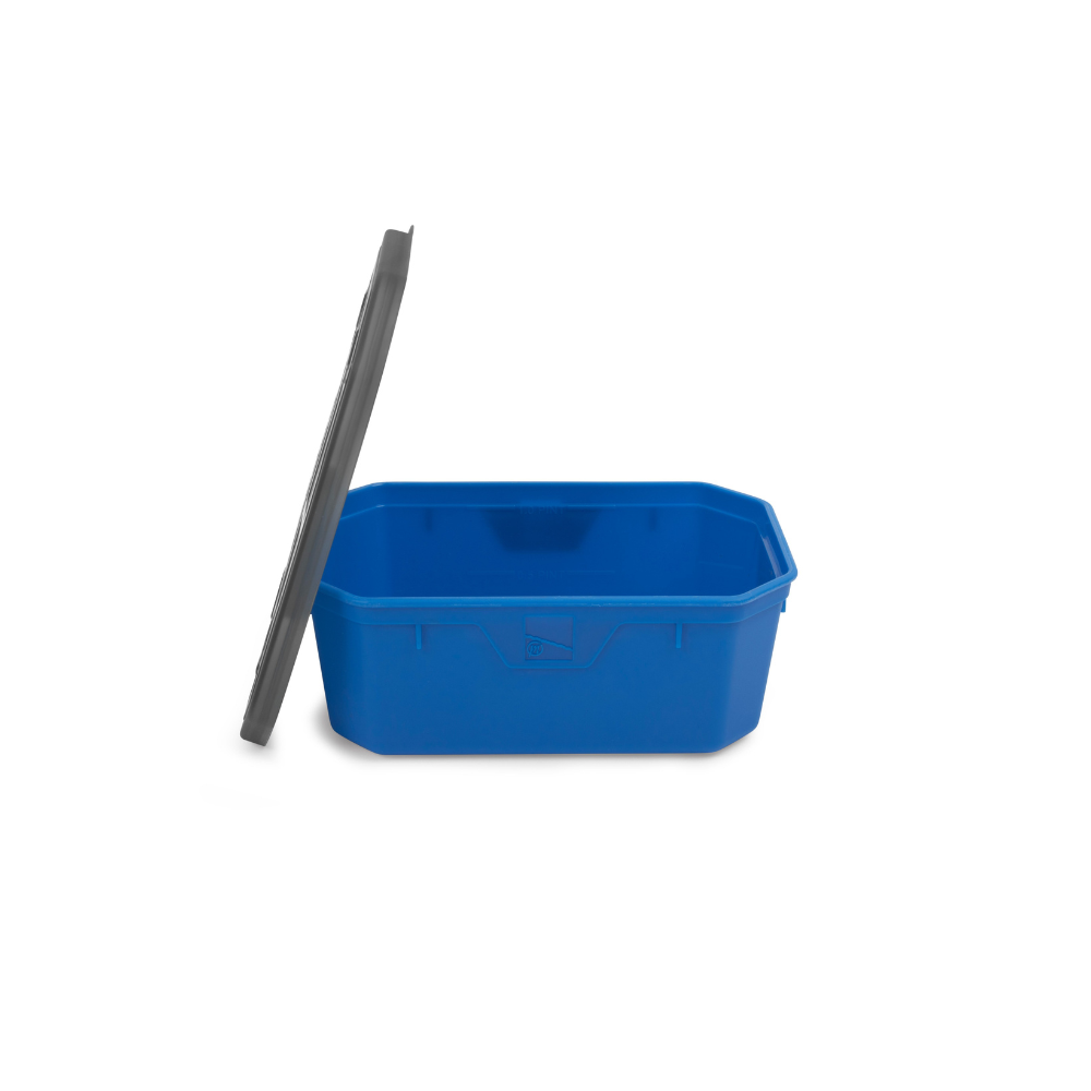 Bright blue plastic bait box with a gray lid, featuring an octagonal shape and a secure fit, ideal for storing fishing bait.