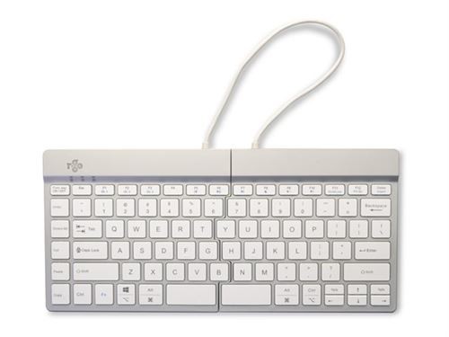Ergonomic split keyboard with a sleek white design, featuring a detachable cable and distinct key layout for enhanced comfort and typing efficiency.