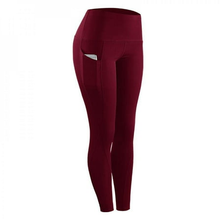 Burgundy high-waisted leggings with a smooth, stretchy fabric, featuring a side pocket and a fitted design, ideal for yoga and workouts.