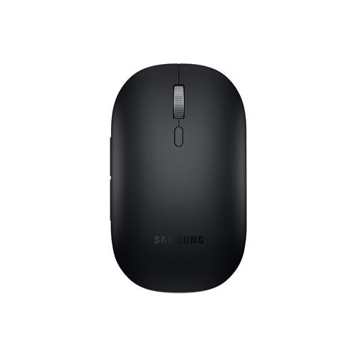 Black ambidextrous Bluetooth mouse with a smooth surface, central scroll wheel, and minimalistic design, featuring the Samsung logo on the bottom.