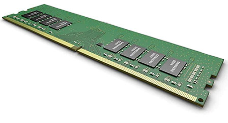 Samsung M378A4G43AB2-CWE 32 GB DDR4 memory module featuring a green PCB with eight memory chips and a gold connector edge, designed for 288-pin DIMM slots.