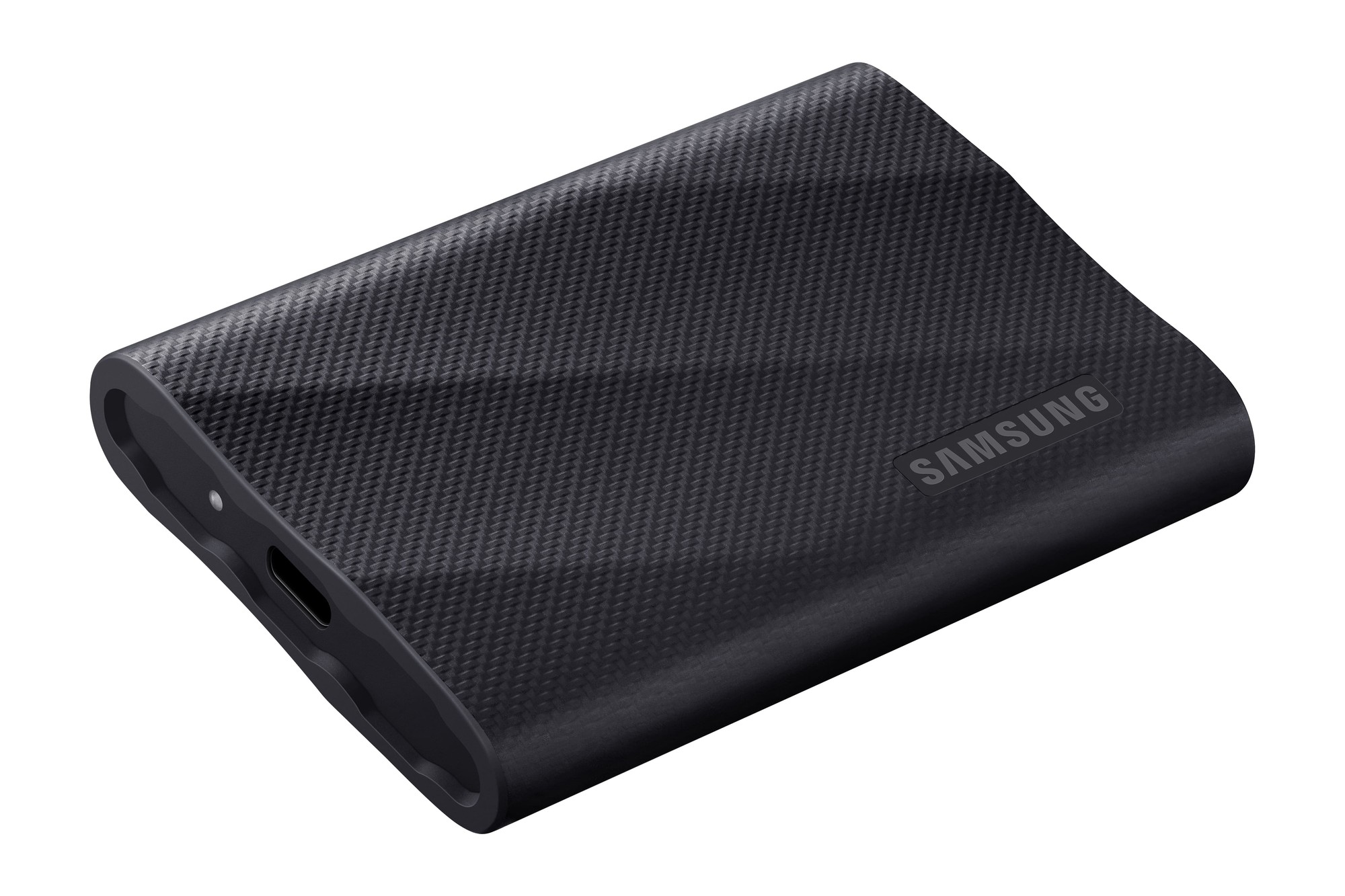 Samsung SSD T9 portable solid state drive in black, featuring a textured surface, USB 3.2 connectivity, and compact design, with a capacity of 2TB.