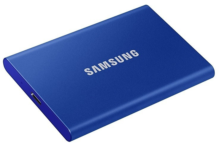 Samsung SSD T7 Portable Solid State Drive in vibrant blue, featuring a sleek, slim design with a USB-C port, offering 2TB of storage capacity.