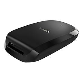 Black SanDisk Extreme PRO CFexpress Card Reader with a sleek design, USB 3.2 Gen 1 Type-B port, and a small LED indicator on top.