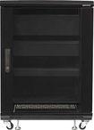 Black 15RU AV rack with glass door, adjustable shelves, and rolling casters for easy mobility, designed for home theater audio equipment.