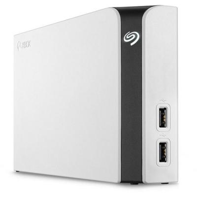 White external hard drive with a sleek design, featuring a black side panel, two USB ports, and a glowing logo, labeled for Xbox, offering 8 TB of storage.