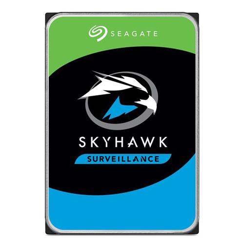 Seagate SkyHawk 4 TB internal hard drive featuring a sleek black casing with green and blue accents, designed for surveillance with a prominent eagle logo.