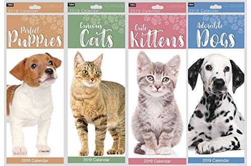 Superslim calendar featuring cute animals, with colorful backgrounds and images of a puppy, cat, kitten, and dog, each labeled with playful titles.