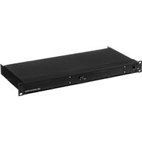 Black metal rackmount kit designed to hold two Mac Minis, featuring a sleek, minimalist design with ventilation slots and a front panel for easy access.