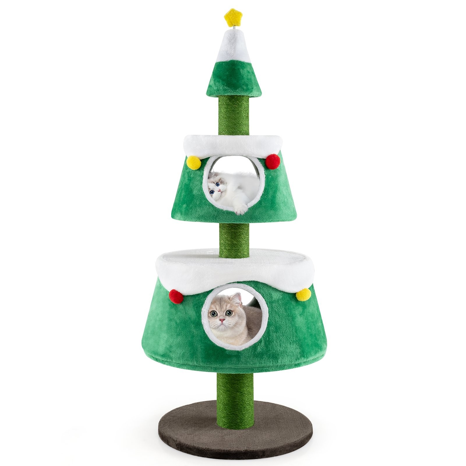 Green Christmas-themed cat tree featuring three tiered condos with plush fabric, two circular openings, and decorative pom-poms, perfect for indoor cats to play and relax.