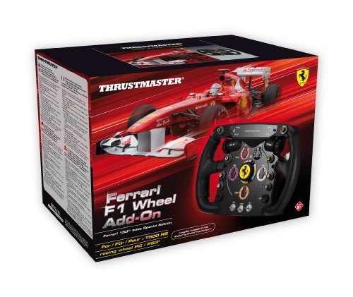 Black Thrustmaster Ferrari F1 steering wheel with red accents, featuring multiple buttons, dials, and a Ferrari logo, designed for PC and PlayStation/Xbox consoles.