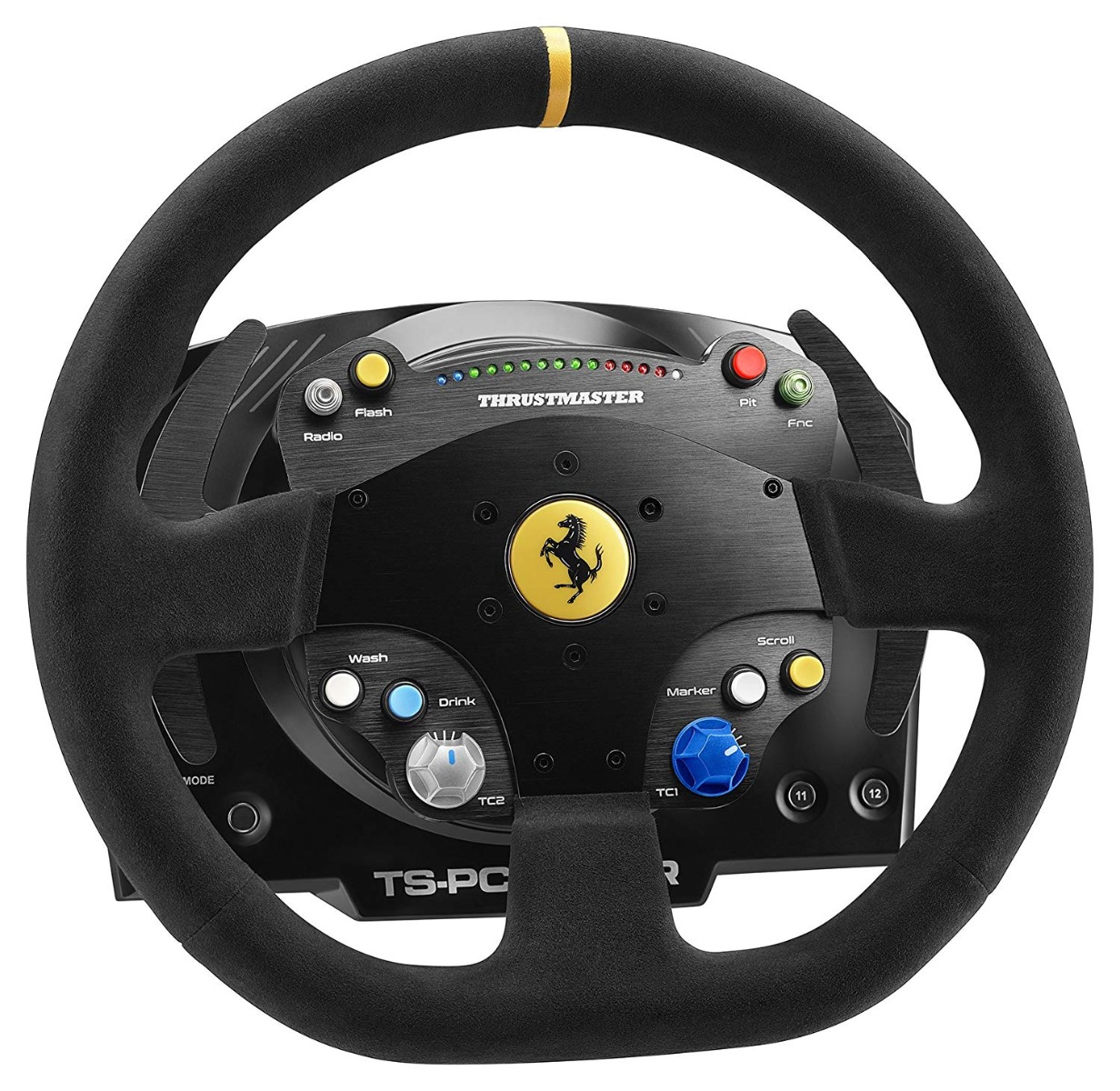 Black steering wheel with a suede finish, featuring Ferrari logo, various control buttons, LED indicators, and a sleek, modern design for racing simulation.